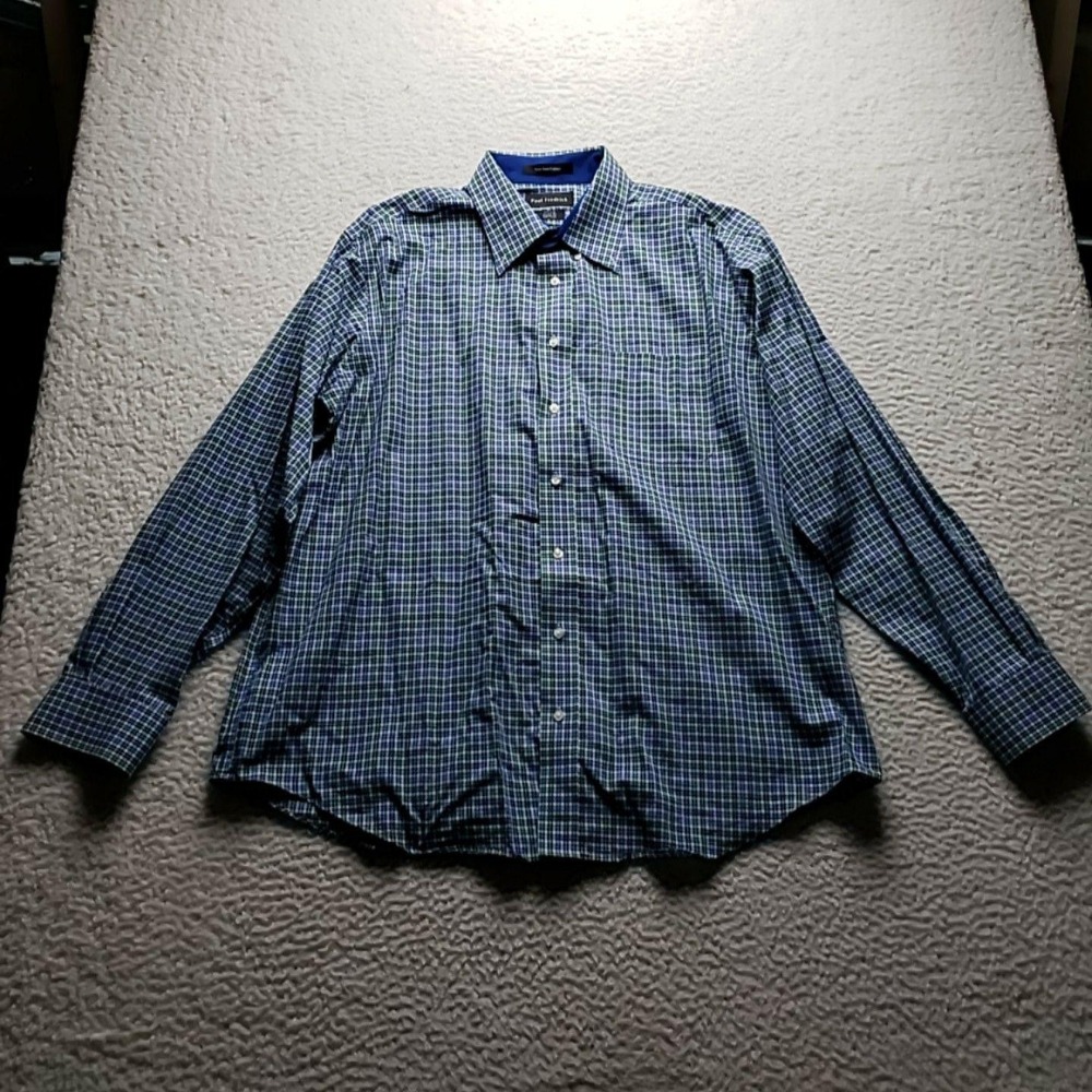 Paul Fredrick Dress Shirt Mens 17.5 36/37 Blue Check Classic Fit Non Iron Cotton